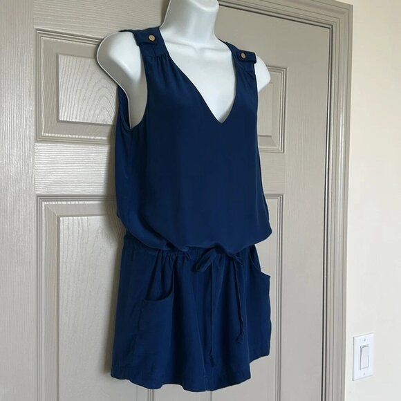 Amanda Uprichard Women’s Navy 100% Silk Sleeveless Tie Waist V-Neck Romper Sz S - Picture 2 of 10
